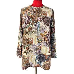Joan Rivers sz S blouse tunic top paisley print brown gold beige button front